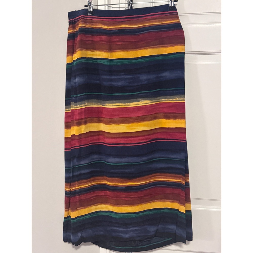 Vintage Chaus Woman 100% Silk Watercolor Stripe Midi Skirt Size 16 Boho Artwear